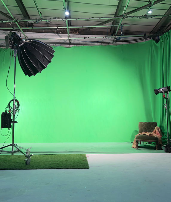 Green-screen background and overhead lighting at Cineview Studios