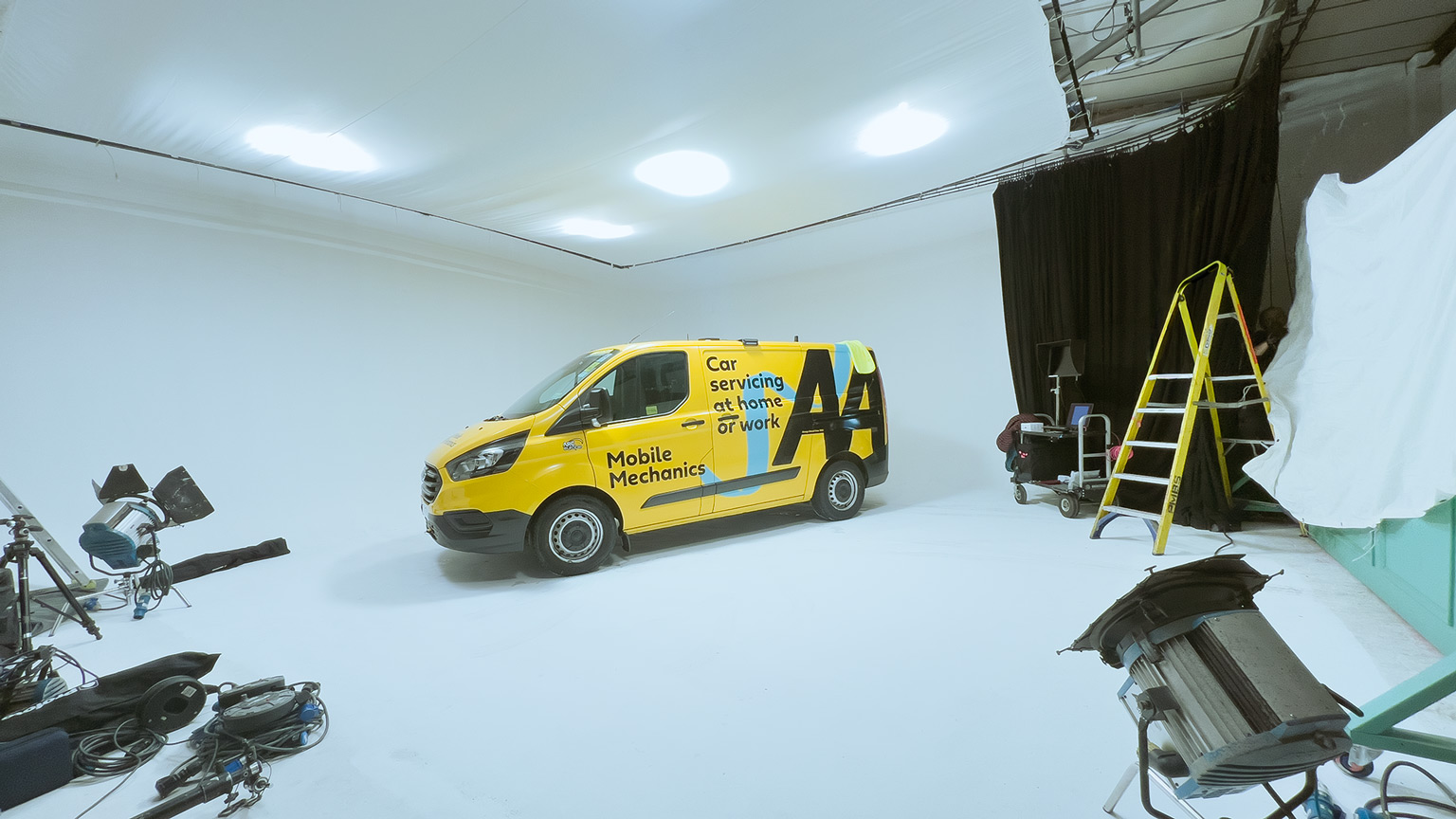 AA van inside the infinity cove at Cineview Studios